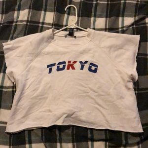 TOKYO graphic crop top, cut out sleeves.